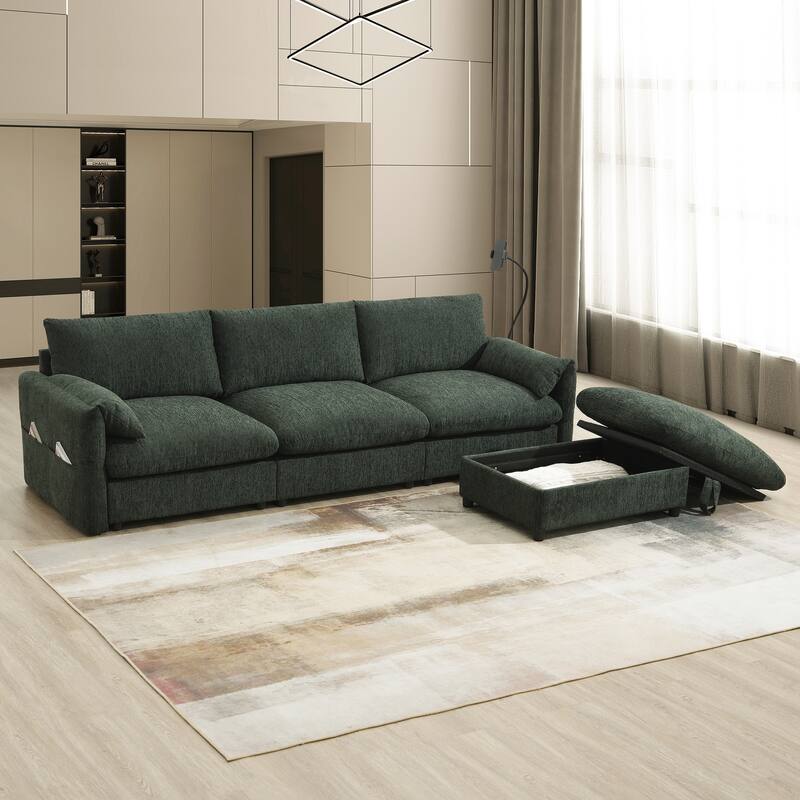 L Shaped Chenille Sectional Sofa with Storage Ottoman, Pockets, USB - Green