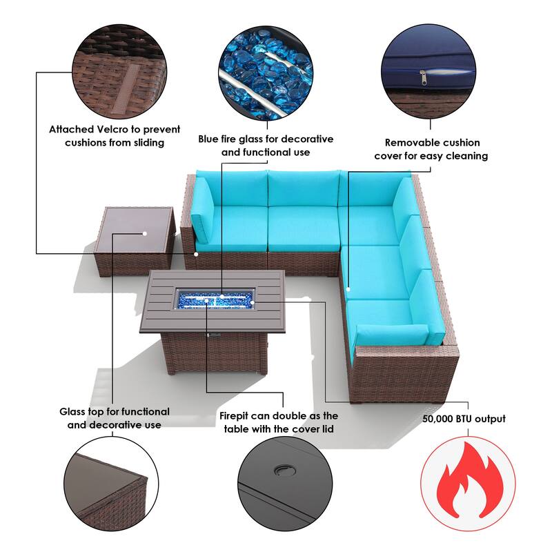 7 Piece Wicker Set Patio Sofa Furniture with Fire Pit And Table