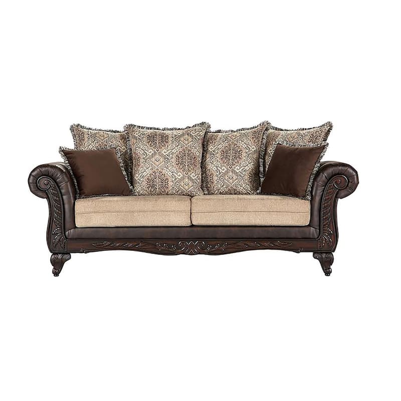 Miva 2pc Living Room Sofa Set, Carved Wood Accents, Brown Faux Leather