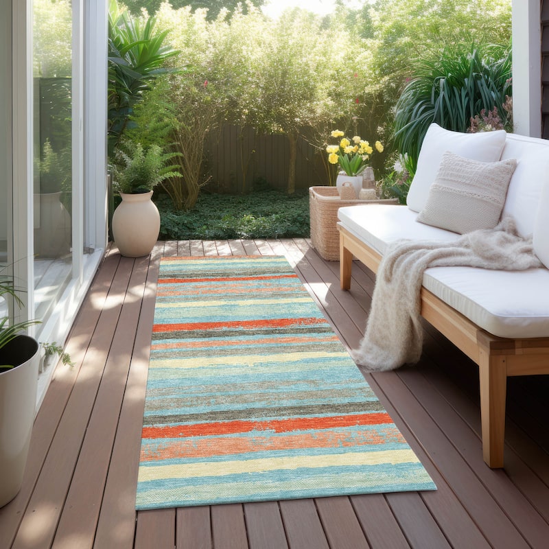 Machine Washable Indoor/ Outdoor Chantille Stripe Rug - Sky - 2'3" x 7'6"