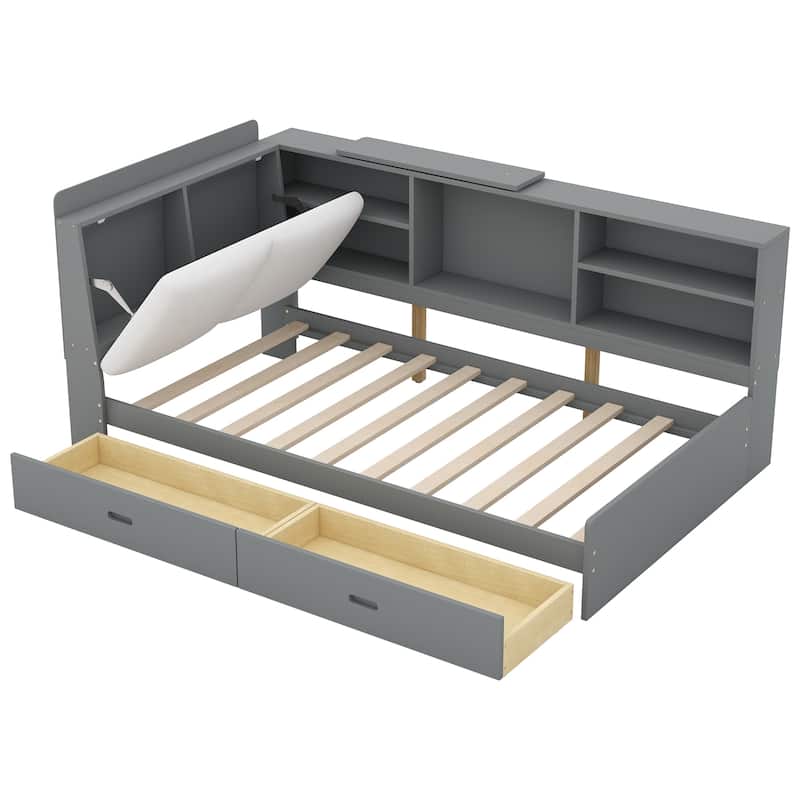 Space-Saving Daybed with 2 Storage Drawers and Bookcase, Wooden L Shaped Platform Bed Frame with Shelves, No Box Spring Needed