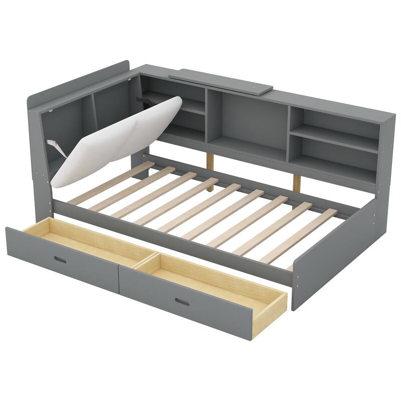 Twin Size Platform Bed with Storage Headboard, Shelves, and 2 Drawers in Gray