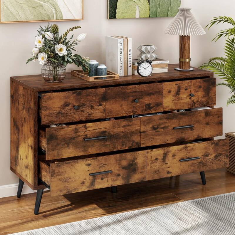 Moasis 47" W 6 Drawers Double Dresser for Bedroom, Chests of drawers - Brown - 7-drawer