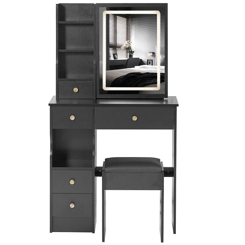 29.2" Small Size Left Drawer Desktop Vanity Table + Cushioned Stool, Large Sliding, Touch Control, Tri-color Switching