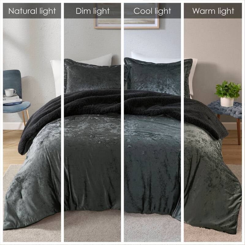 3 PCS Full/Queen Crushed Velvet Sherpa Reversible Comforter Set Charcoal