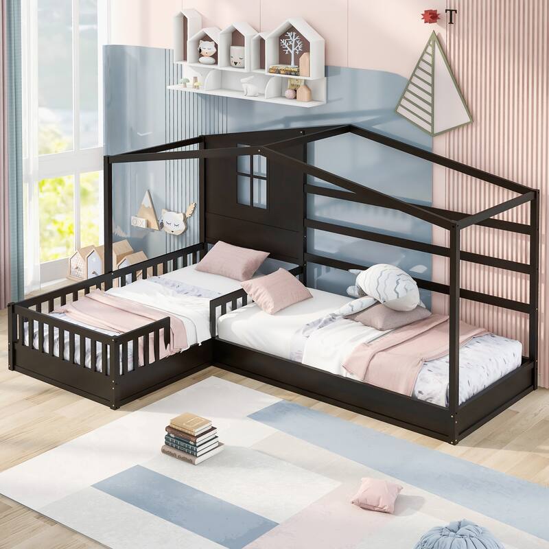 L-Shaped Twin Size Wood Platform Bed Creativity House Bed, 2 Twin Solid Bed with Fence and Slatted Frame