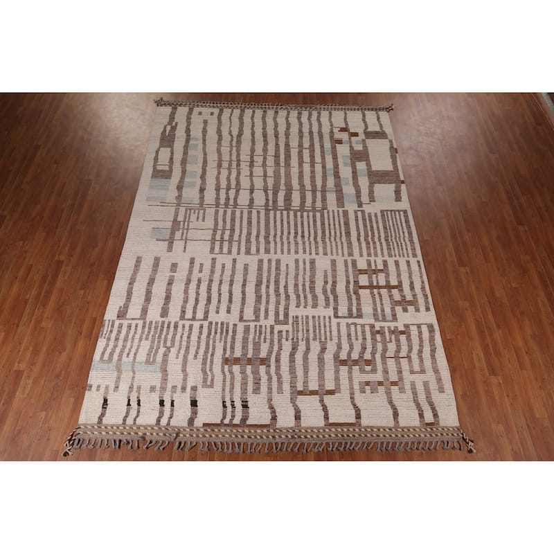 Earth Tone Moroccan Modern Area Rug Hand-Knotted Stripe Wool Carpet - 8'9" x 12'4"
