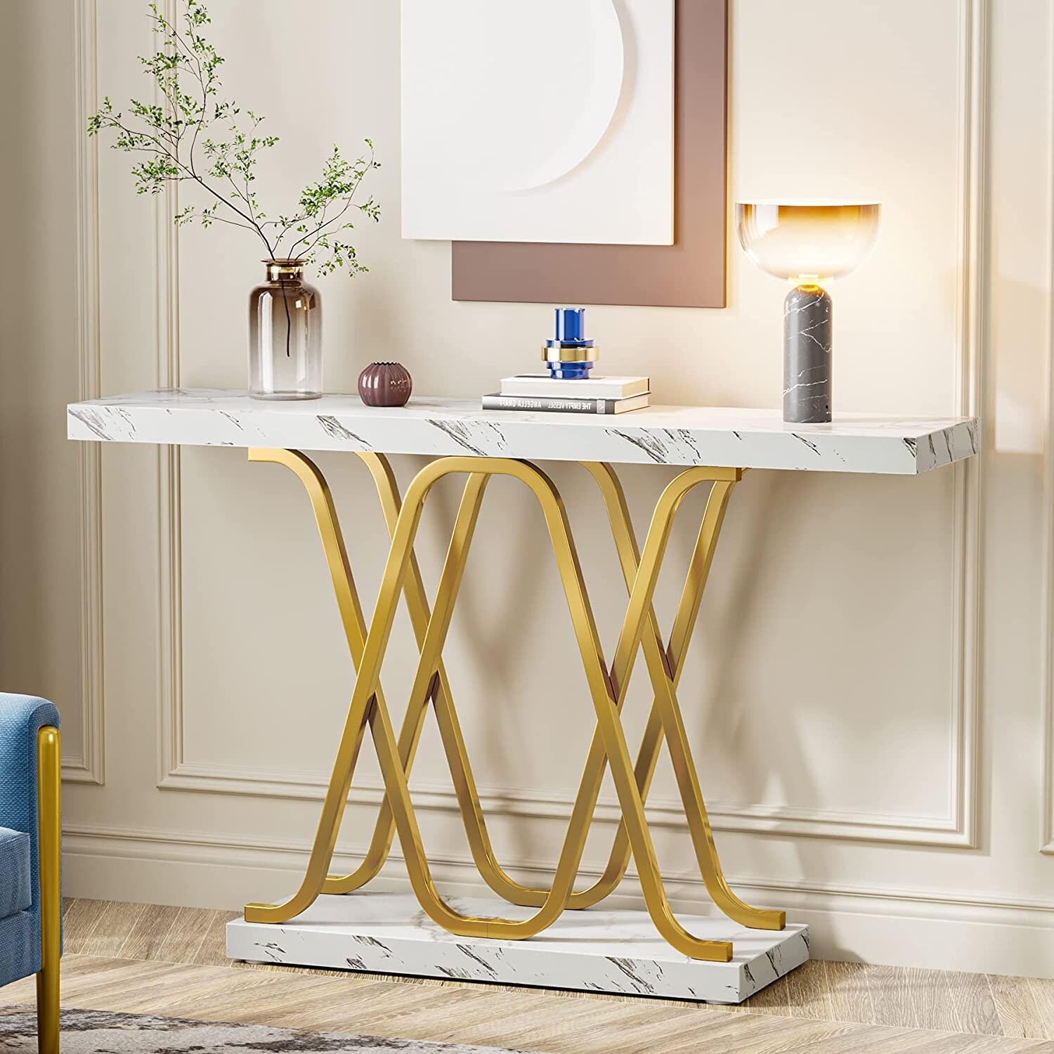 39 Inch Gold Console Tables for Entryway with Geometric Base