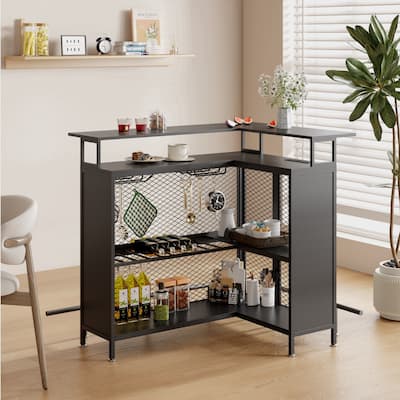 EROMMY L Shaped Bar Cabinet, 4-Tier Bar Table with Wine Rack and LED Lights, Corner Bar Stand with Storage, Liquor Cabinet