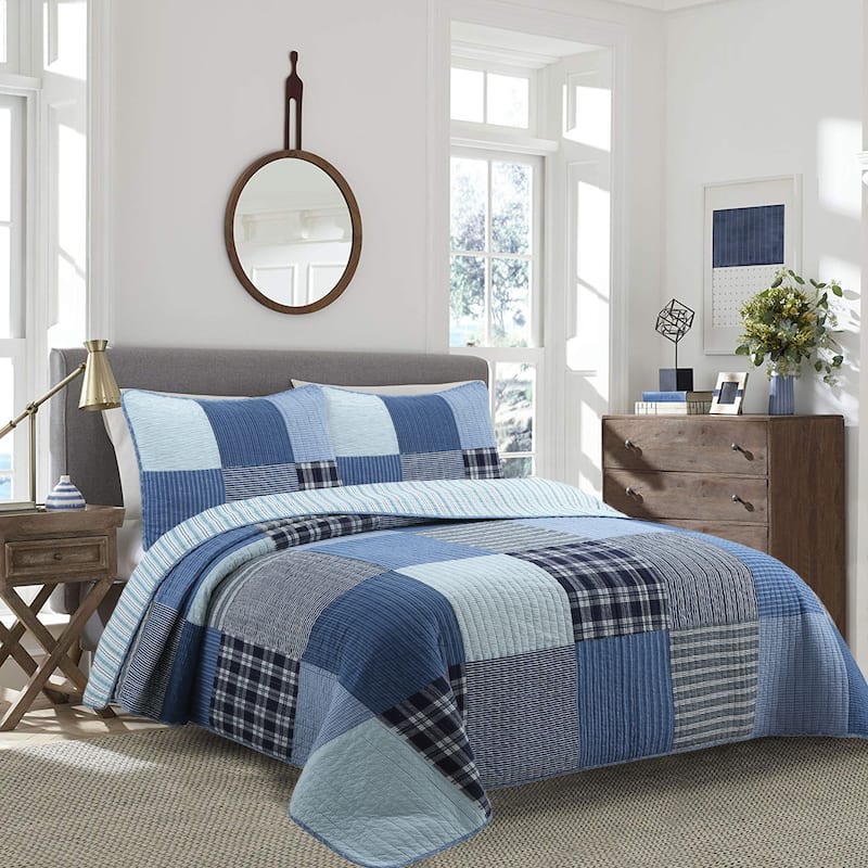 Cozy Line Navy Klein Blue Plaid Stripe Tartan Patchwork Cotton Reversible Quilt Bedding Set