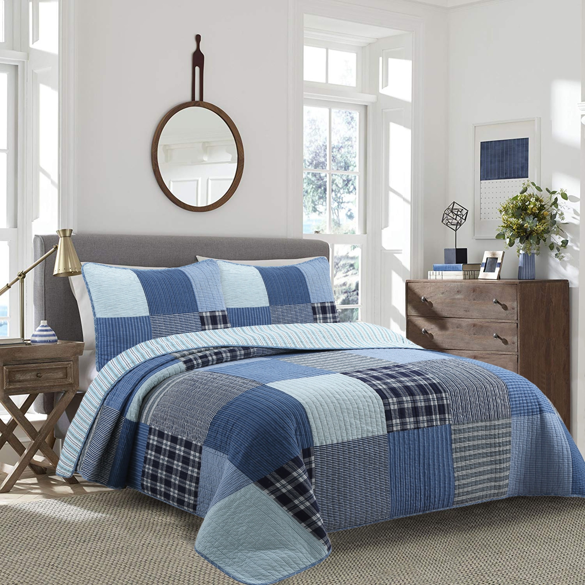 Cozy Line Navy Klein Blue Plaid Stripe Tartan Patchwork Cotton Reversible Quilt Bedding Set