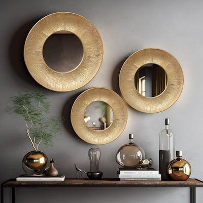 3-Piece Gold Metal Round Wall Mirror Set - 22.25" Diameter x 2.36" D