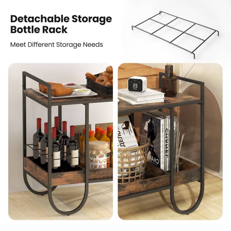 Rolling Buffet Serving Cart with Removable Metal Wire Wine Rack-Brown - 24" x 17" x 29" (L x W x H)