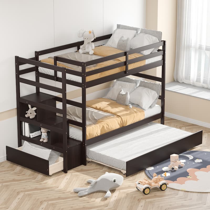 Costway Twin Over Twin Bunk Bed with Trundle Stairway and Storage - 39'' x 75'' - Espresso