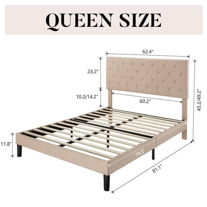 Low Profile Grey Linen Platform Bed with Button Tufted Headboard