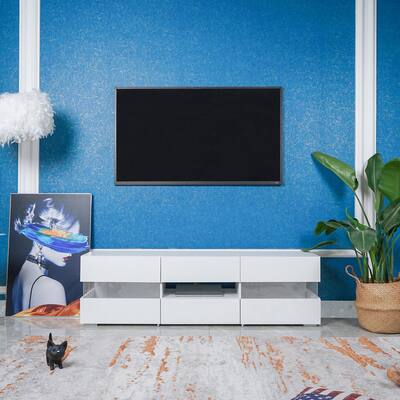 TV Stand Cabinet with Shelf & Door, 16 Colors LED Light TV Bench White