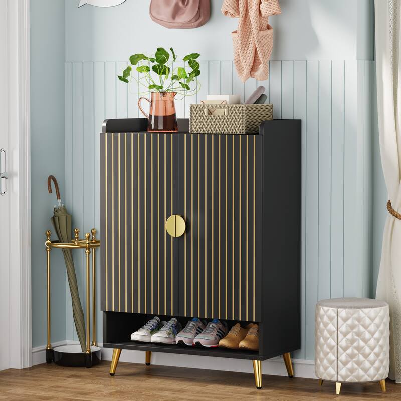 7-Tier Shoe Cabinet with Doors, Adjustable Shelves, Black and Gold