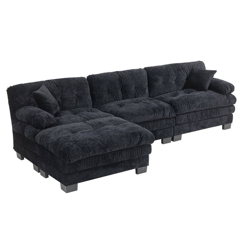 3-seat L Shaped Modular Sleeper Sofa, Dual-Layer Cushioning, Ottoman, 2 Pillows - Black for Living Room