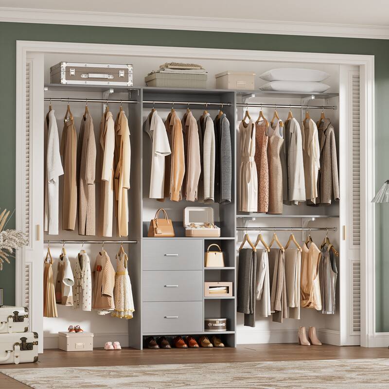 Rackcog 96'' W Closet Organizer with Drawers and Hanging Rods, Wardrobe Closet System (can be cut to fit) - Grey