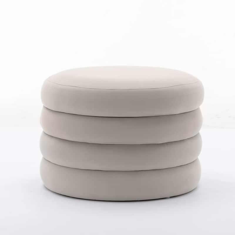 Velvet Fabric Storage Round Ottoman Footstool With Wooden Shelving