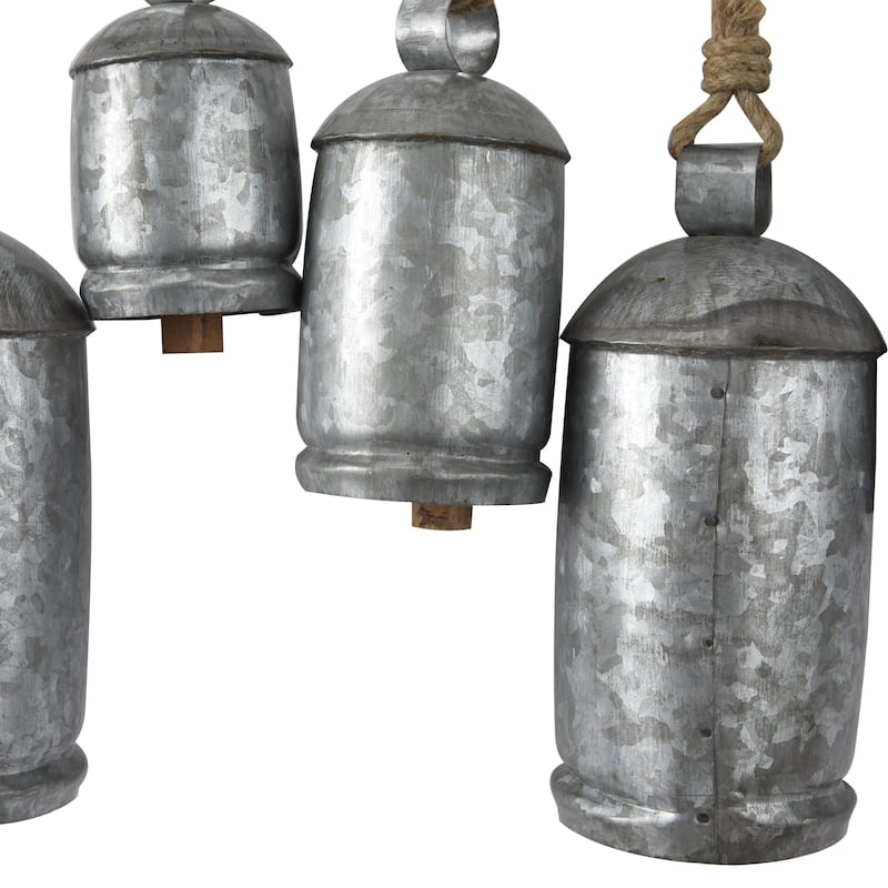 Metal Tibetan Inspired 12 Bell Decorative Cow Bells with Hanging Ropes and Rod - Silver or Gold - Roche River Decor
