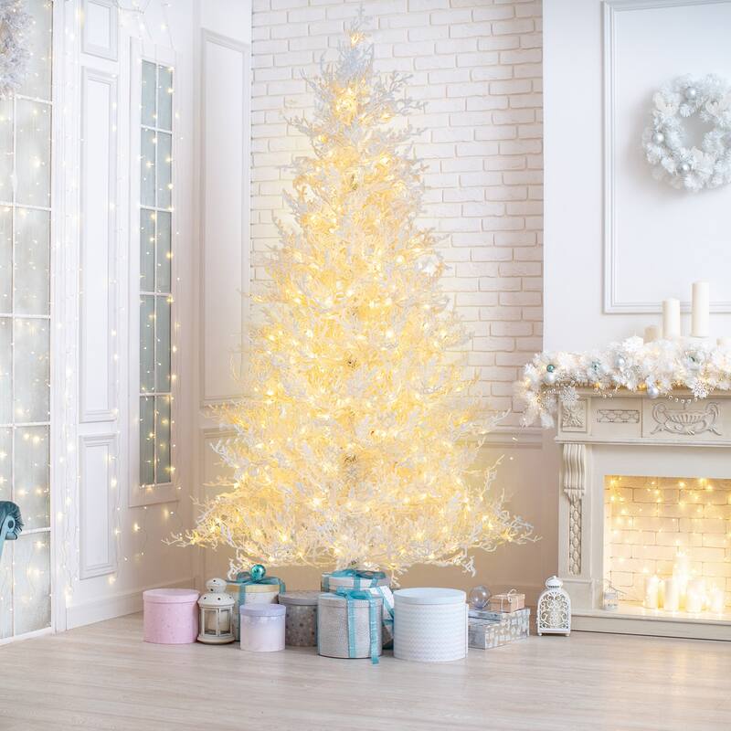 Gymax 6 FT Pre-Lit Artificial Christmas Tree White Hinged Xmas Tree w/
