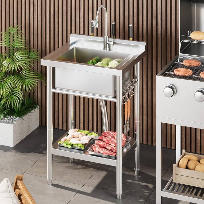 Freestanding Single Bowl Commercial Sink with Adjustable Legs, Storage Shelf, S-Hooks