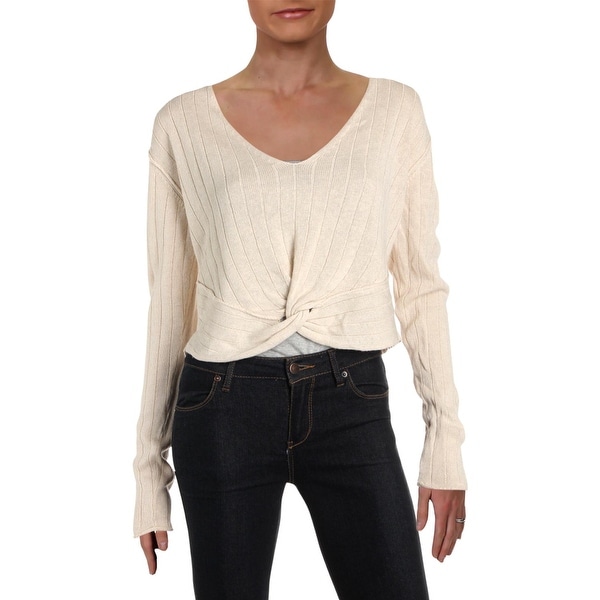 Free People Womens Got Me Twisted Crop Sweater Linen V-Neck