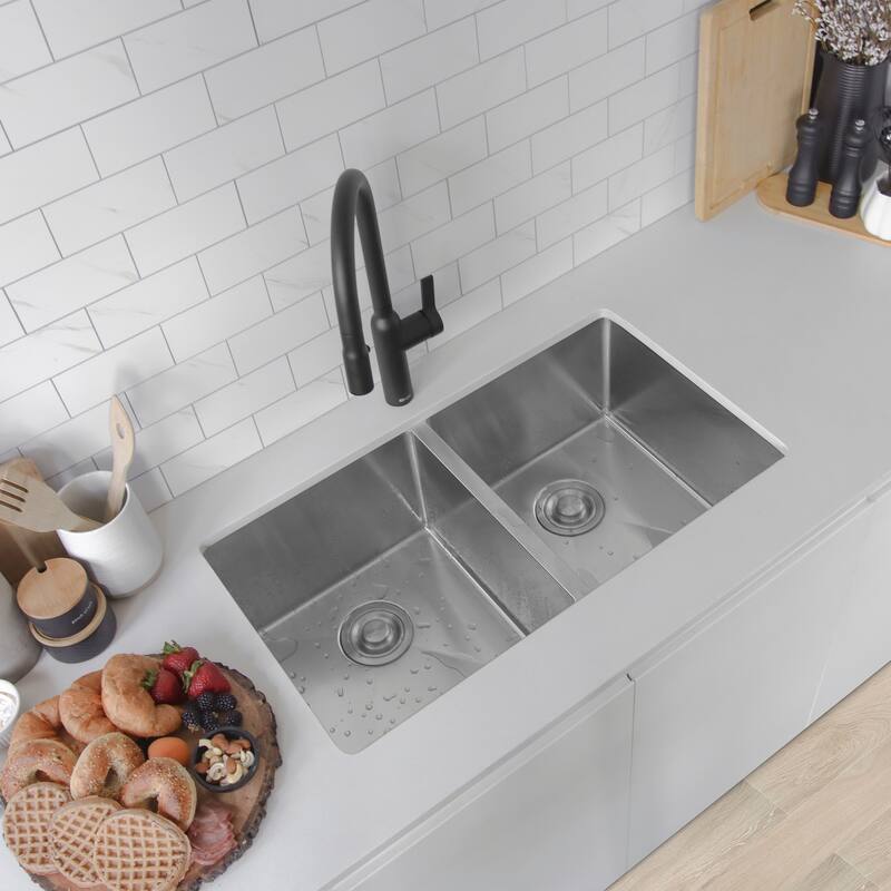 Stylish Undermount 32" Double-Bowl Stainless Steel 18G Kitchen Sink S-301G - 32" x 18" x 10"
