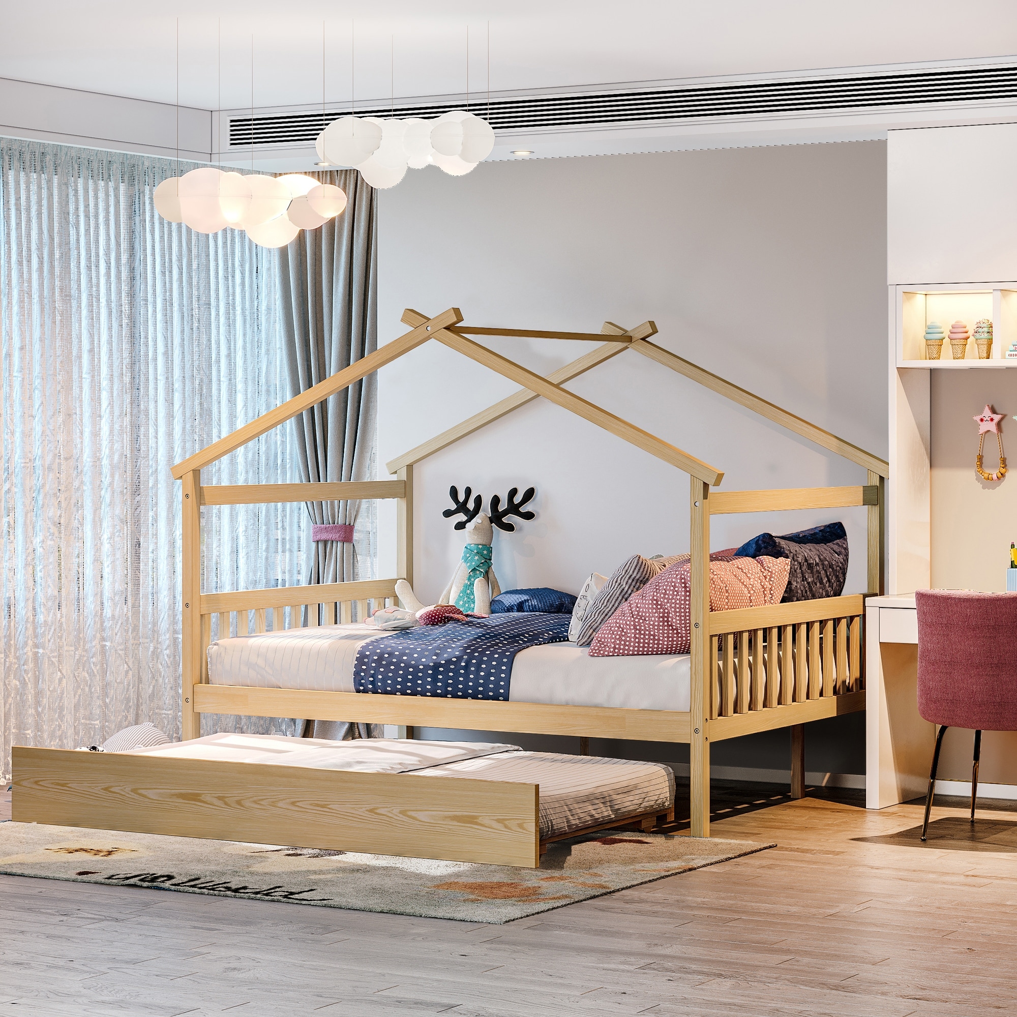 Full House Bed with Trundle Kids Playhouse Platform Bed with Storage Shelves Montessori Be for Kids Girls Boys Natural Bed Bath Beyond 39731207