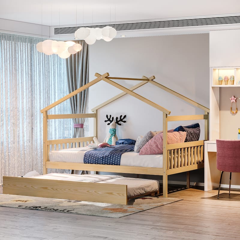 Wooden House Bed with Trundle