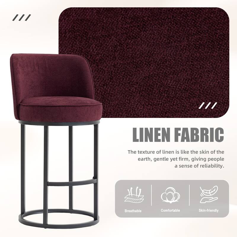 Set of 2 Modern Barrel Counter Stools with Backrest, Linen Upholstered Bar Stools for Kitchen Island