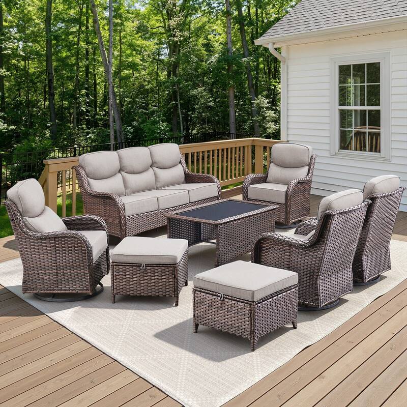Arcadia 8-Piece Wicker Patio Conversation Set with Swivel Gliders and 6-Inch Thick Olefin Cushions