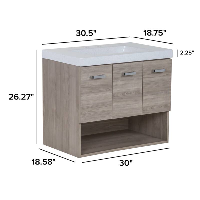 Inna 30" Floating Bathroom Vanity With Drawer, Open Shelf, and Sink Top