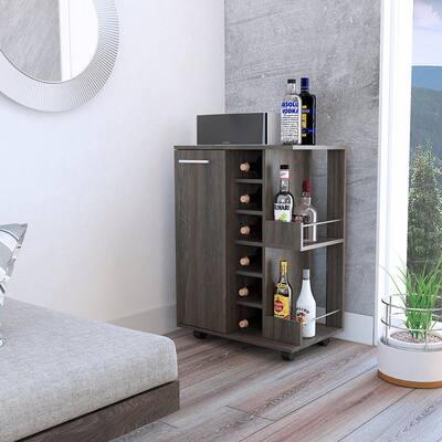 Bar Cart with 2 Shelves and 6 Bottle Cubbies,Lockable and Removable Casters