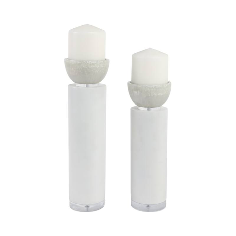 Candle Holders Set of 2 - White Resin Cylinder, 11/13" - 12.5"