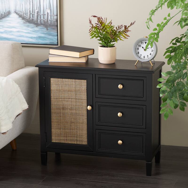 Black Wood Handmade 3 Drawers and 1 Door Cabinet with Rattan Front - Black