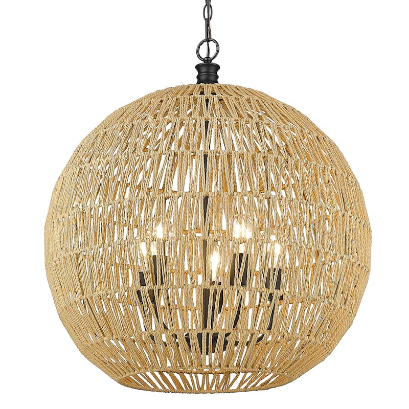 Florence 25" Wide 5-Light Pendant with Rope Shade - Matte Black and Natural Raphia Rope