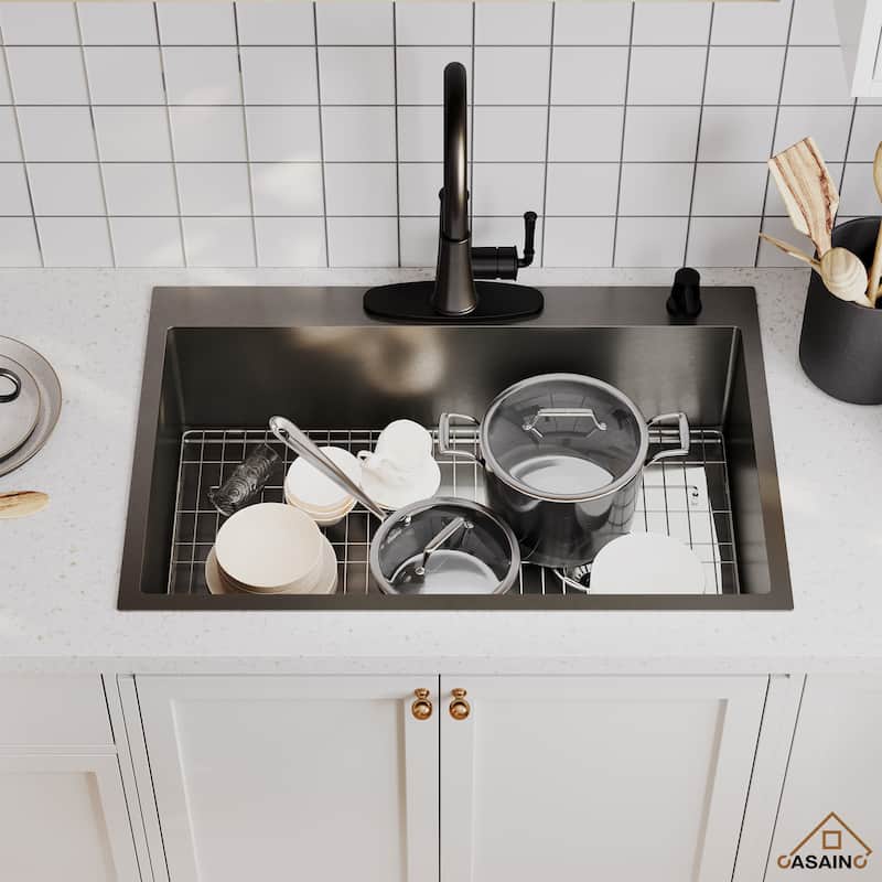 Stainless Steel Sink 33 in. 16-Gauge Single Bowl Drop-In Kitchen Sink with Bottom Grid and Drainer - 33" x 22"
