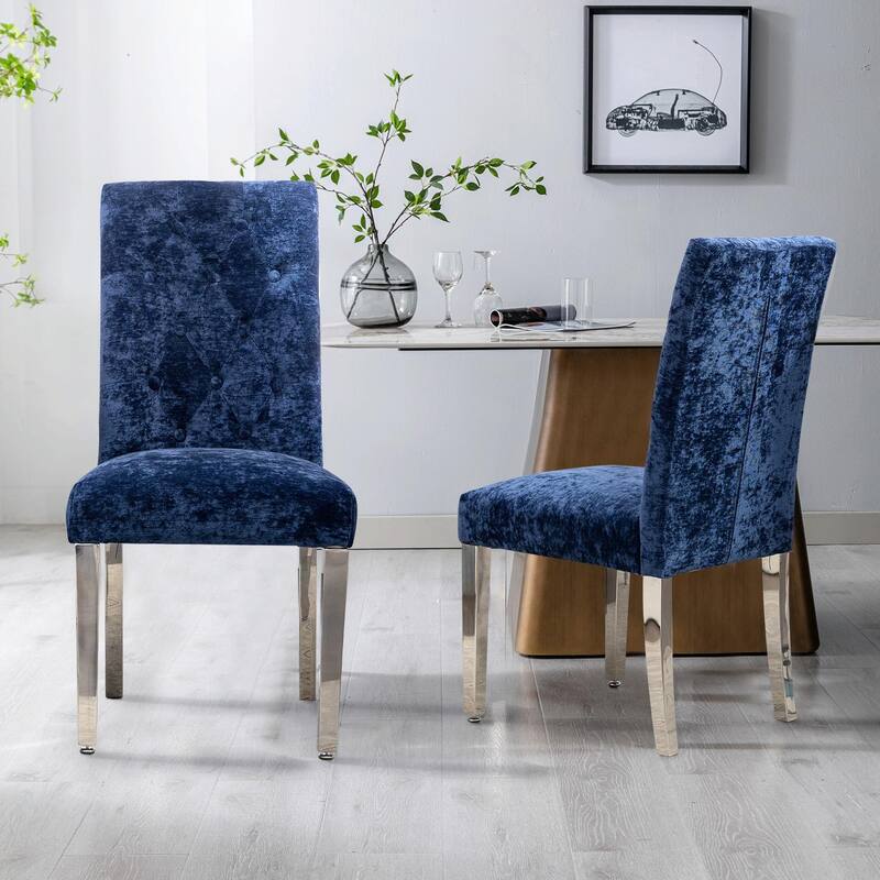 Luxury Chenille Dining Chairs - Ergonomic Design, Set of 2 - Deep Blue - Set of 2