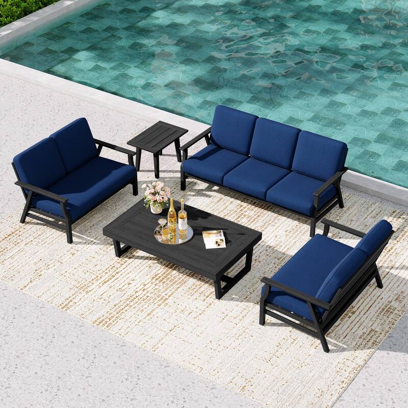 Teak Outdoor Seating Set with Daybed & Tables. - Black Wood - Navy/5-piece