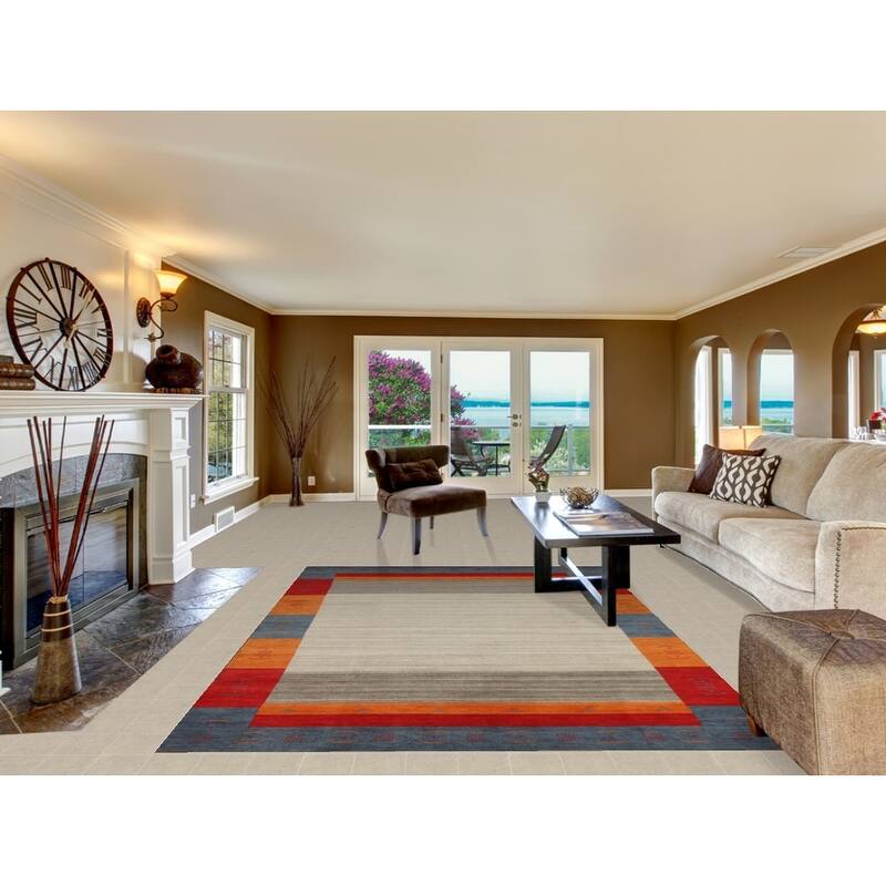Hand Knotted Oriental 100% Wool Carpet Tribal Bordered Beige & Ivories Gabbeh Area Rug - 9' 9'' X 6' 8''
