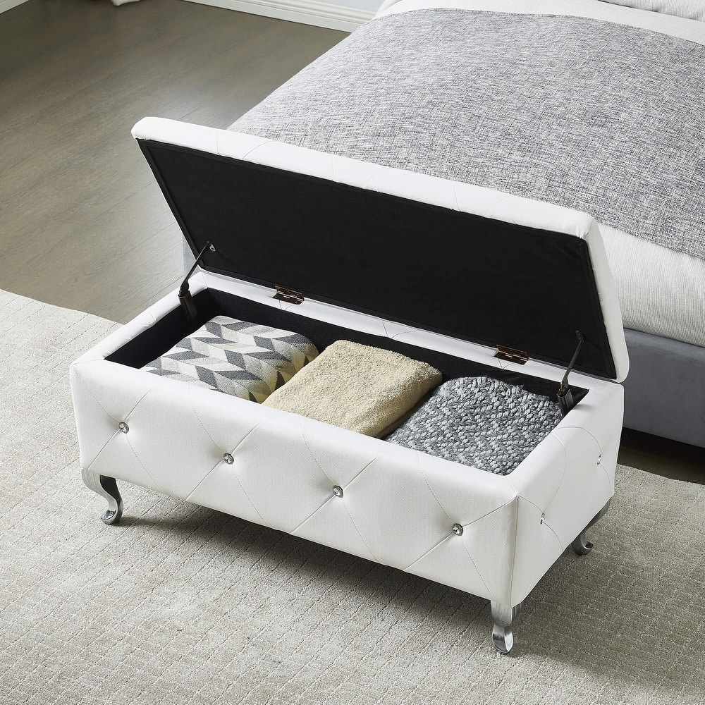 Upholstered Rectangular Storage Ottoman Bench with Crystal Buttons
