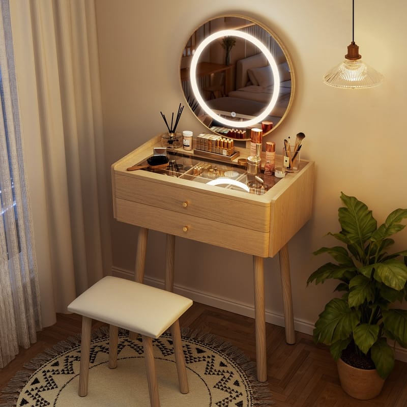 Small Vanity Desk with 3 Modes Lighted Mirror & Stool, Compact Vanity with 6-Grid Organizer