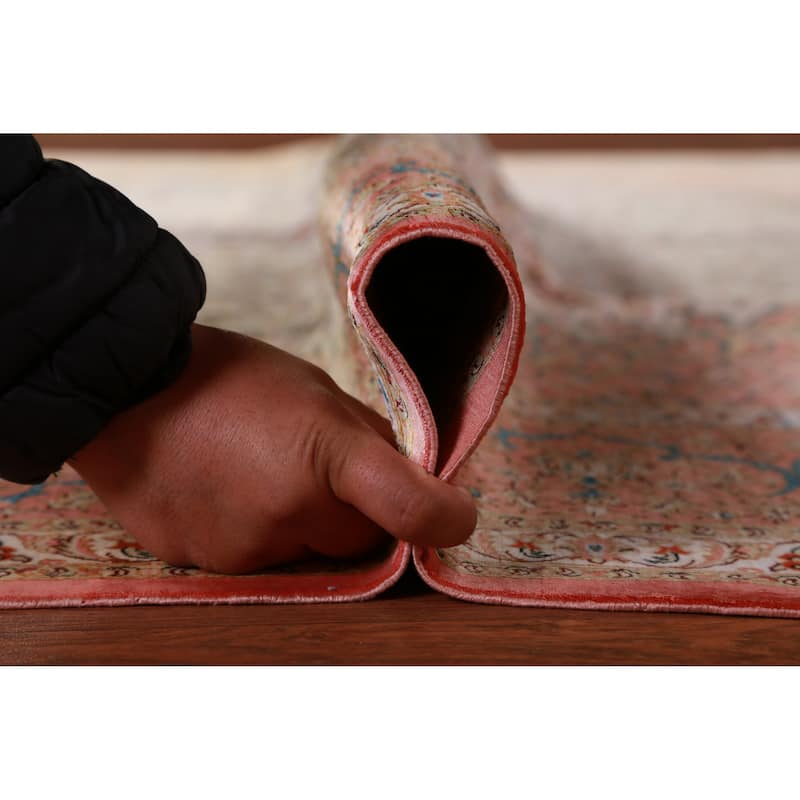 Hand Knotted Oriental 100% Silk Carpet Traditional Floral Beige & Ivories Qum Area Rug - 9' 11'' X 6' 5''