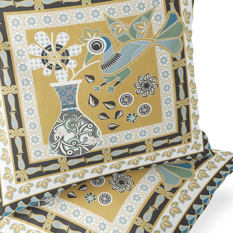 HomeRoots Set of Two 16" X 16" Beige and White Peacock Blown Seam Floral Indoor Outdoor Throw Pillow - 16.00' X '16.00' X '5.00