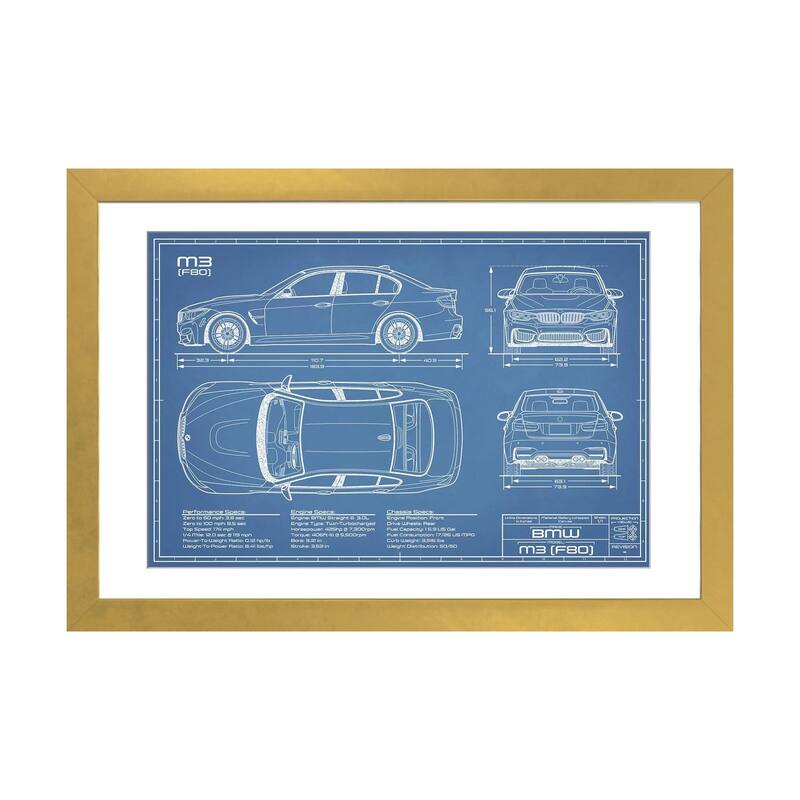 iCanvas "BMW M3 (F80) Blueprint" by Action Blueprints - Gold - 24x32x1