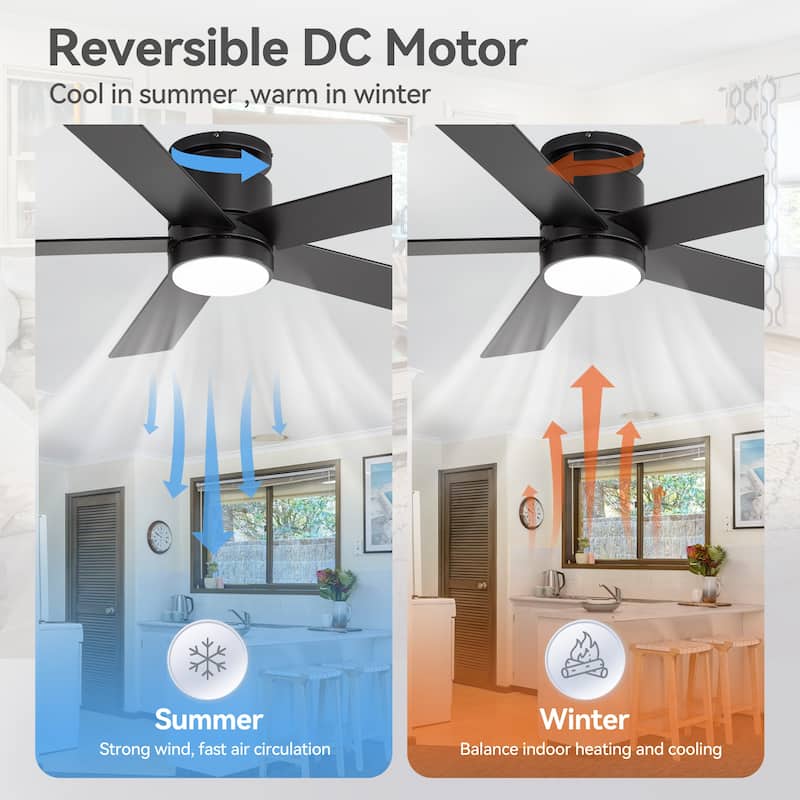 42"/52" Modern Black Flush Mount Ceiling Fan with LED Light and Remote