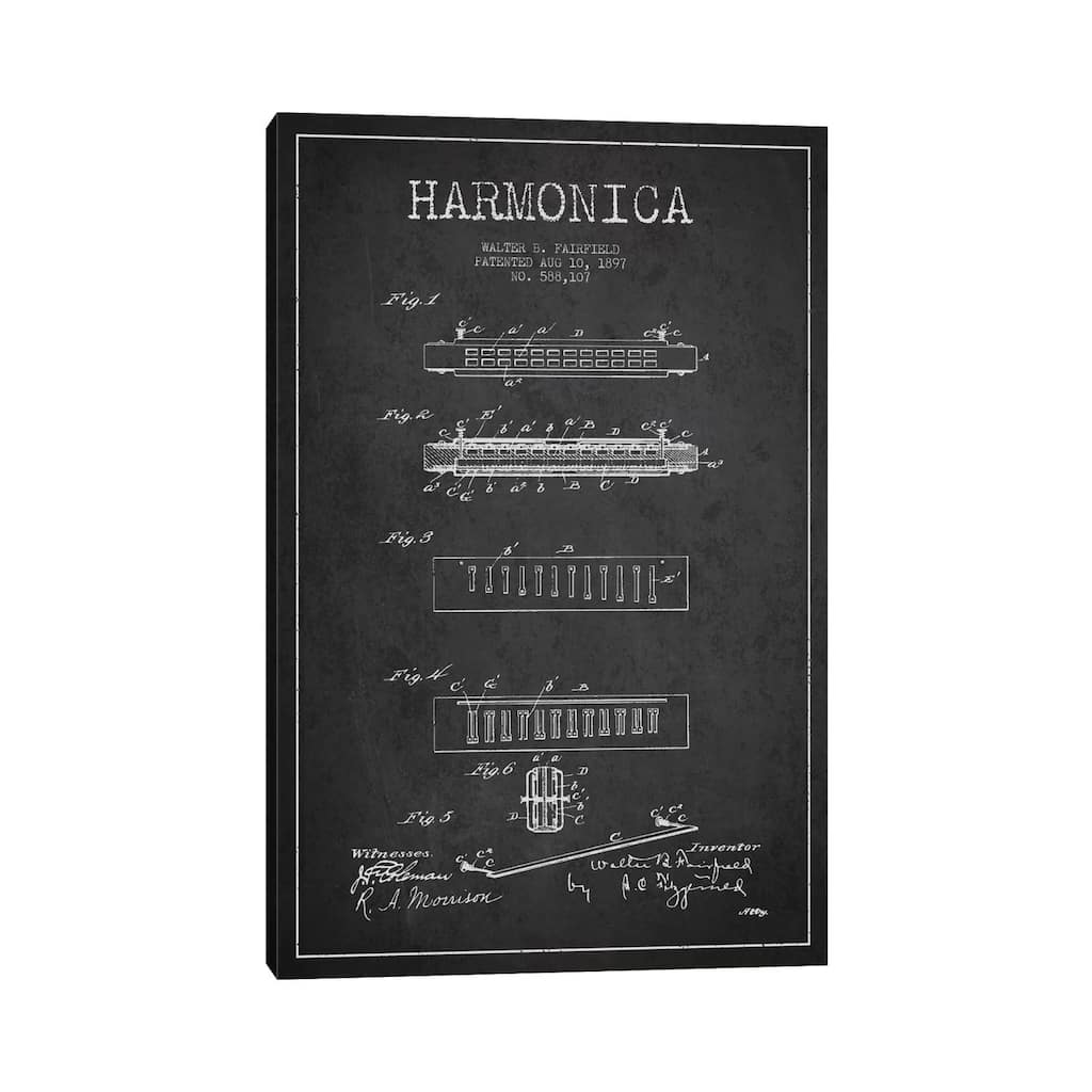 iCanvas "Harmonica Charcoal Patent Blueprint" by Aged Pixel Canvas Print