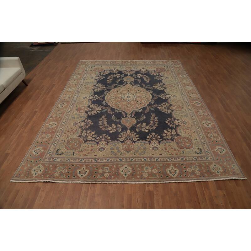 Hand Knotted Oriental 100% Wool Carpet Traditional Floral Navy Blue & Blues Tabriz Area Rug - 12' 1'' X 9' 4''